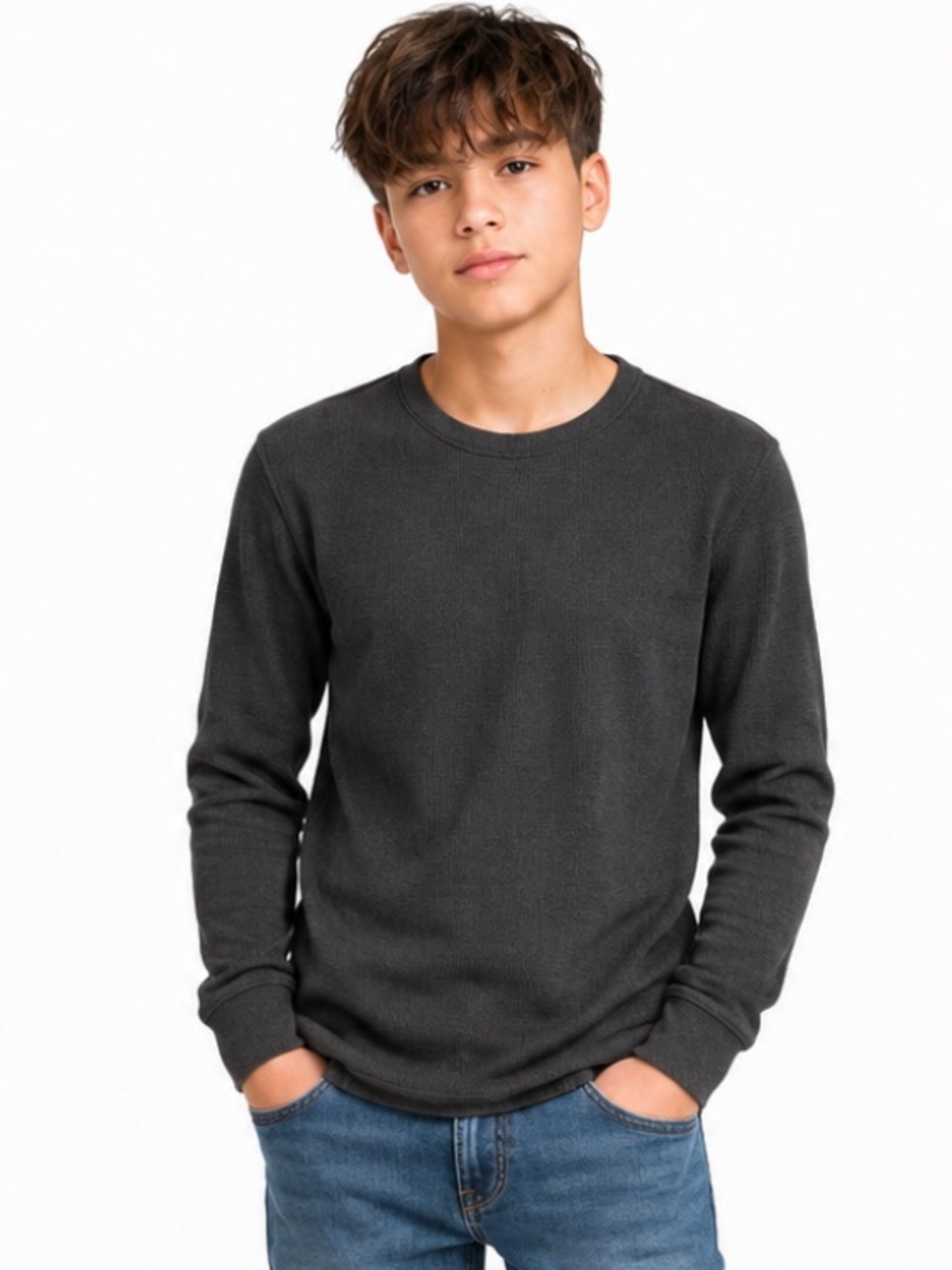 Architect Gray Thermal Waffle Knit Long Sleeve Shirt Boys Size L